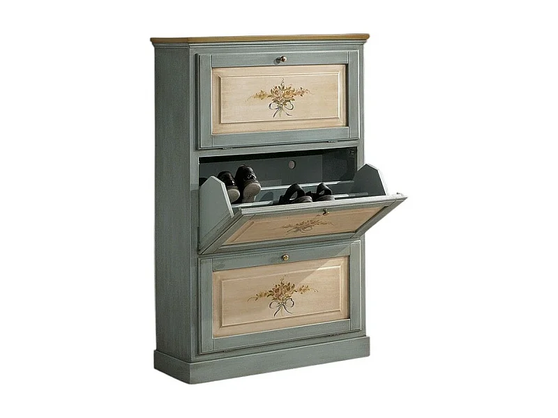 MOBILI 2G -  SCARPIERA 3 ANTE IN LEGNO MASSELLO AZZURRO/OCRA L.80 x P.30 H.130 (1218)