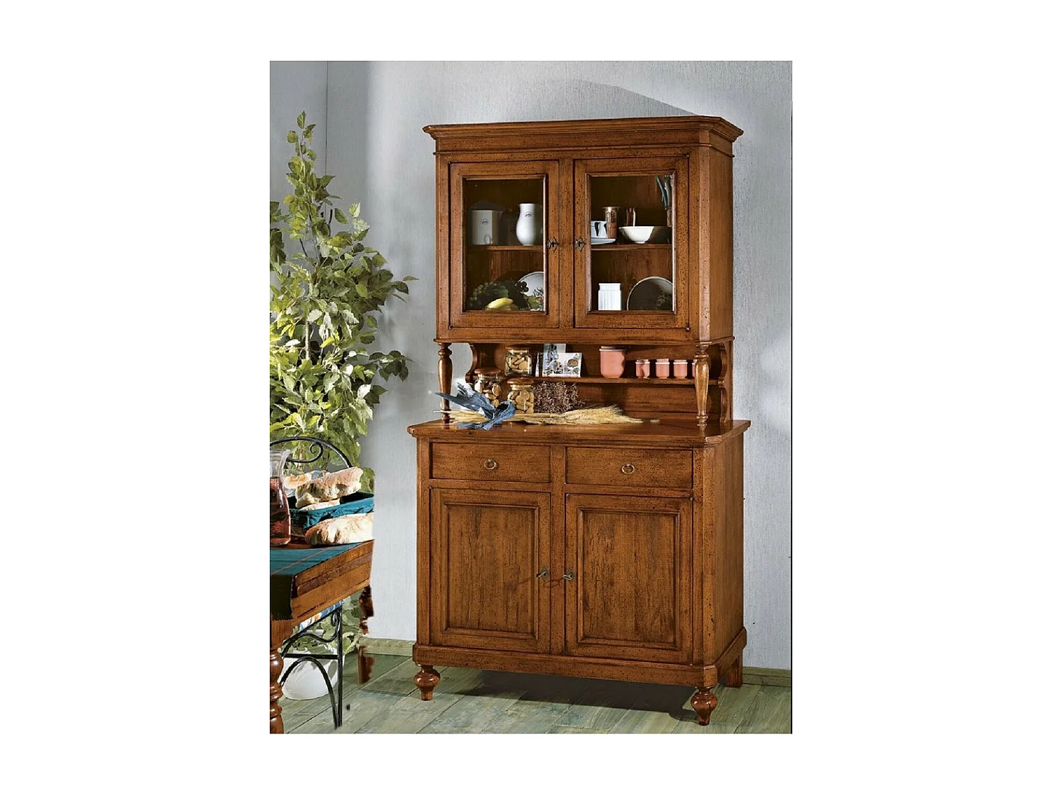 MOBILI 2G - CRISTALLIERA NAPOLETANA IN LEGNO MASSELLO 4 PORTE 2 CASSETTI TINTA NOCE L.116 P.49 H.206 (6011+6012)