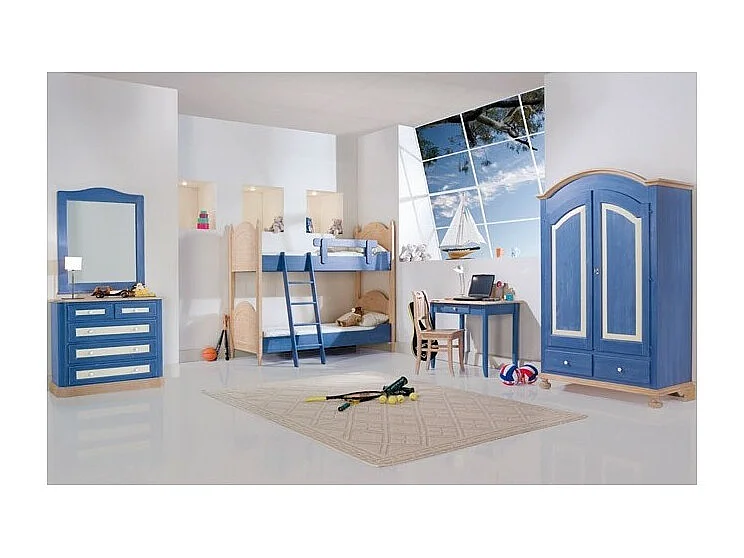 MOBILI 2G - CAMERETTA DA LETTO A CASTELLO LEGNO MASSELLO COLORE BLU