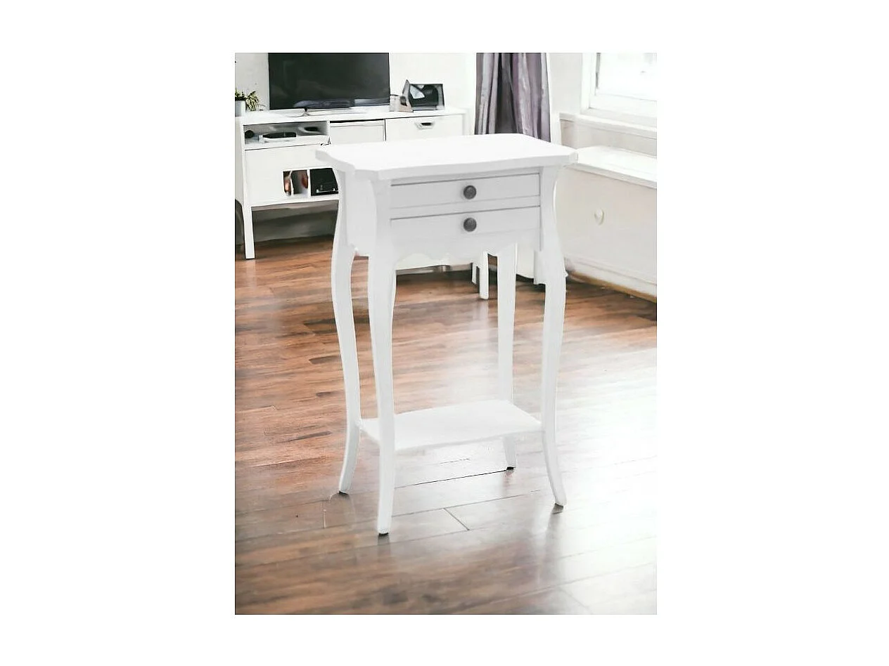 MOBILI 2G - Comodino Porta Telefono 2 Cassetti Legno Shabby Bianco opaco 45x35x70 (1542)