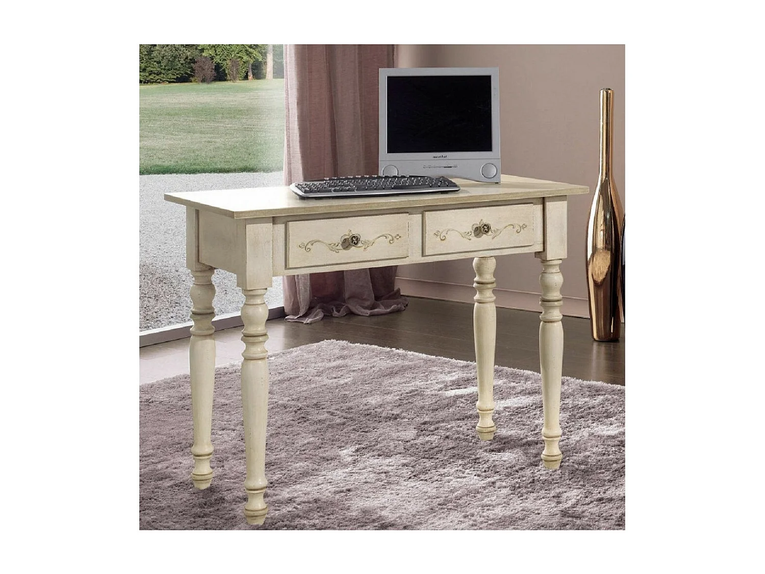 MOBILI 2G - SCRIVANIA CLASSICA SHABBY LEGNO AVORIO E VERDE 105X55X80 (1468)