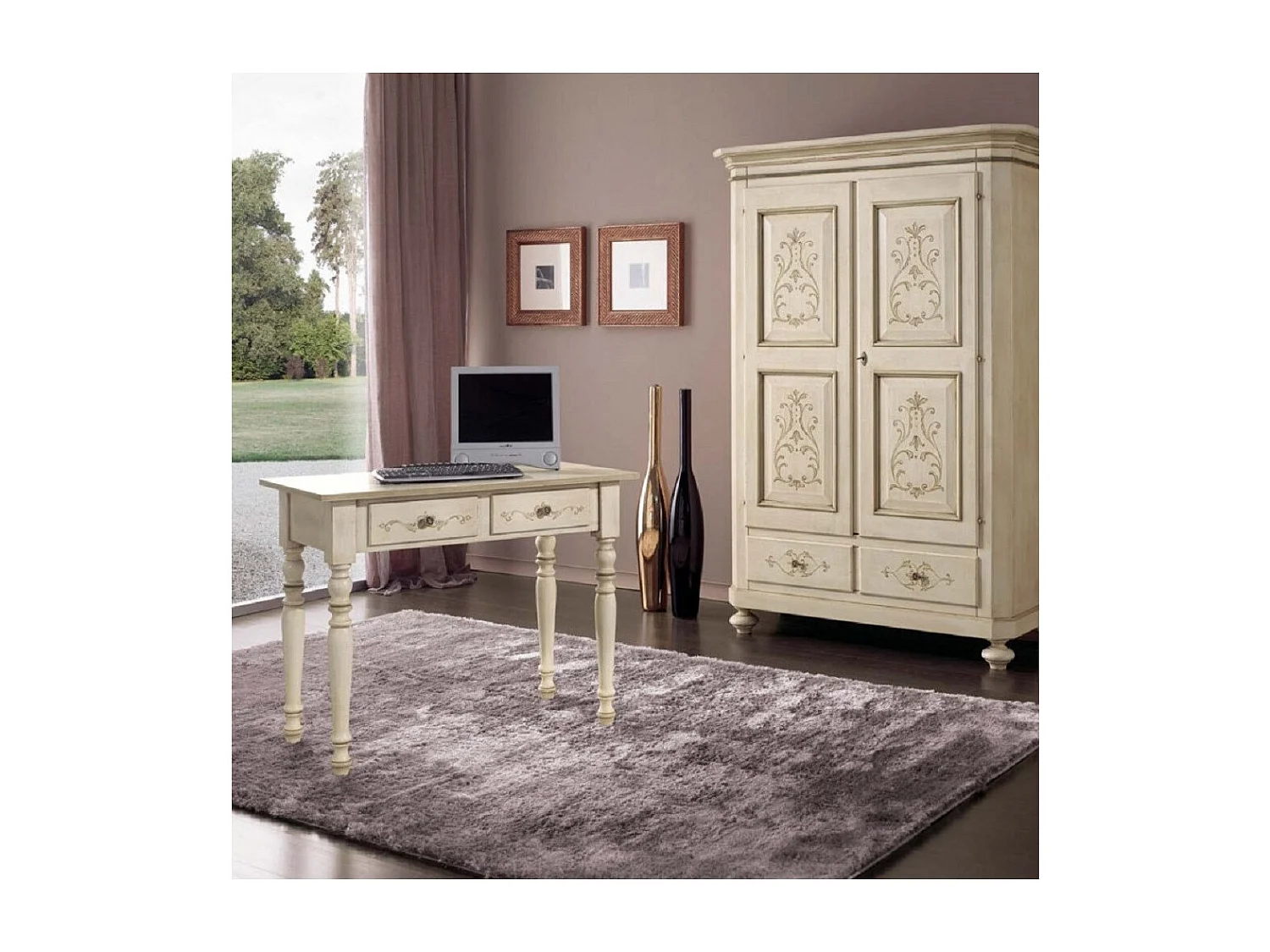 MOBILI 2G - SCRIVANIA CLASSICA SHABBY LEGNO AVORIO E VERDE 105X55X80 (1468)