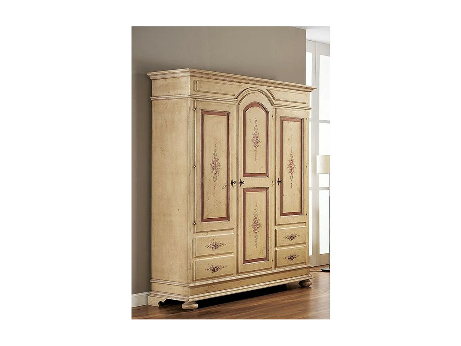 MOBILI 2G - ARMADIO 3 PORTE ARTE POVERA IN LEGNO AVORIO E ROSSO ANTICATO 184X60X223 (1421)