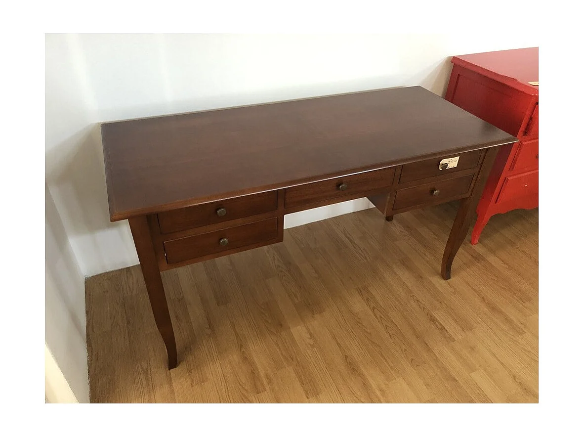 MOBILI 2G - SCRIVANIA IN LEGNO ARTE POVERA 5 CASSETTI TINTA NOCE 130x65x81 (110)