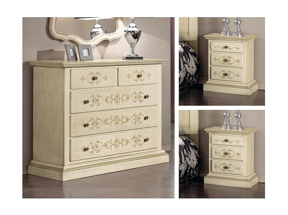 MOBILI 2G - Gruppo 1 Cassettiera 2 Comodini legno classico avorio shabby (1470+1471)