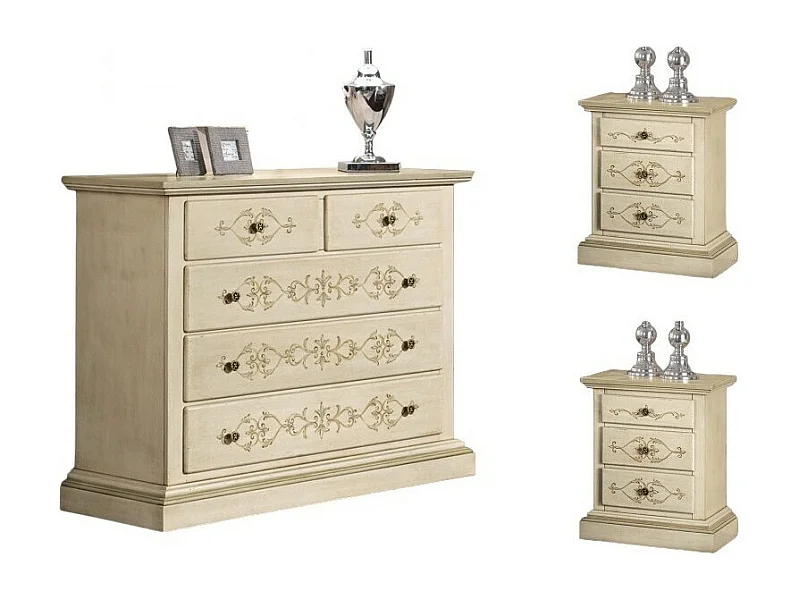 MOBILI 2G - Gruppo 1 Cassettiera 2 Comodini legno classico avorio shabby (1470+1471)