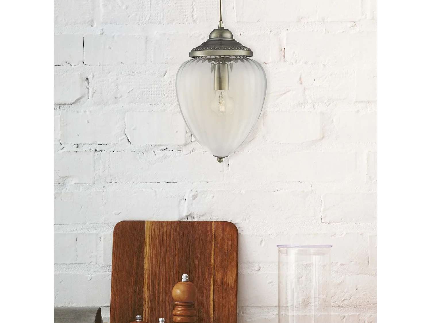 Searchlight Pineapple - Paralume in vetro rigato in ottone anticato a 1 luce, E27