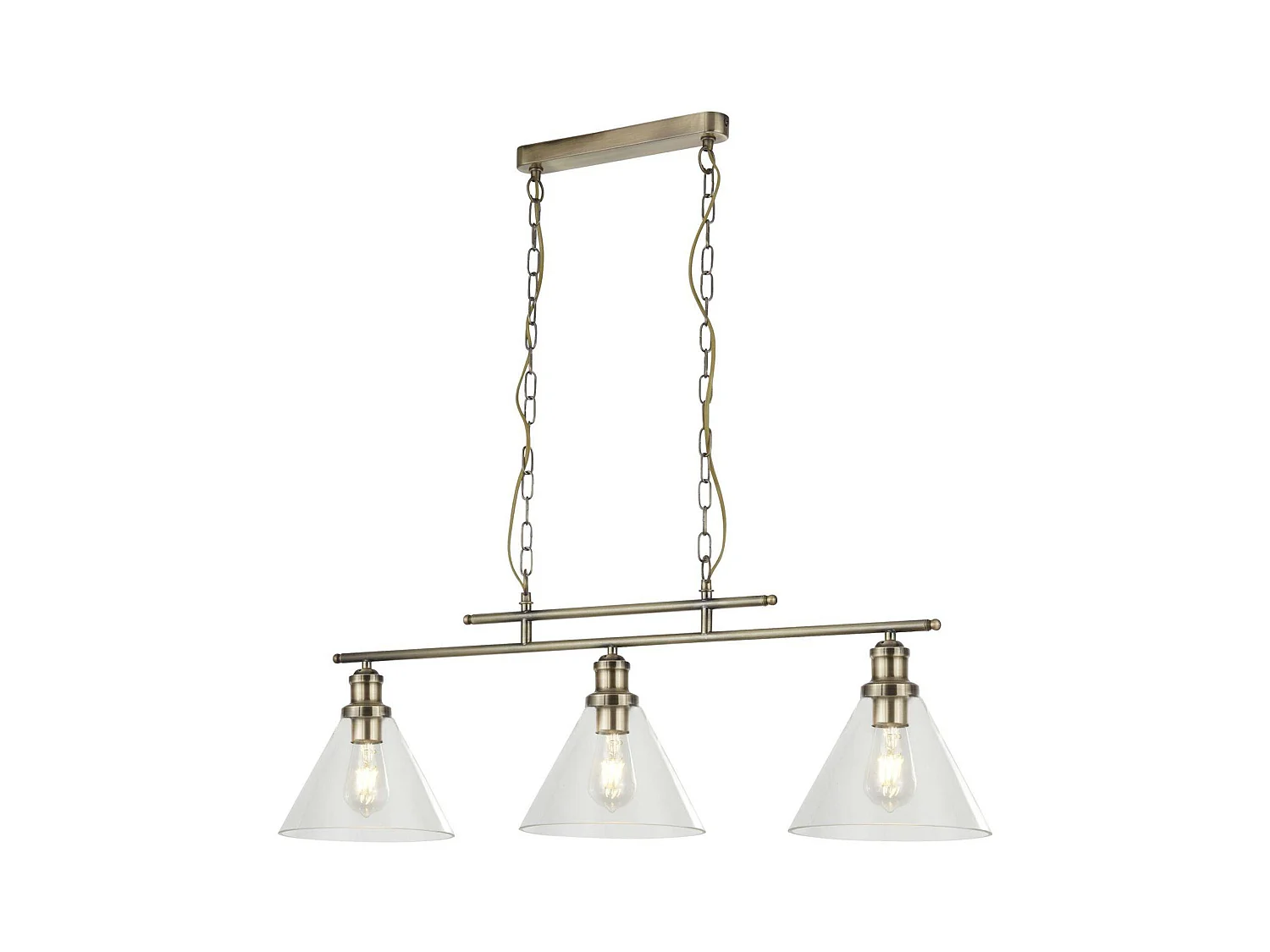 Searchlight Pyramid - Lampadario a 3 luci in ottone anticato, paralume in vetro, attacco E27
