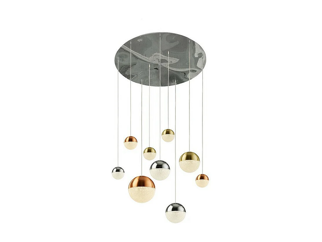 Searchlicht PLANETS - 9 Lichtdeckenanhänger, Kupfer, Chrom, Messingkappen aus Satin und Kristallsand