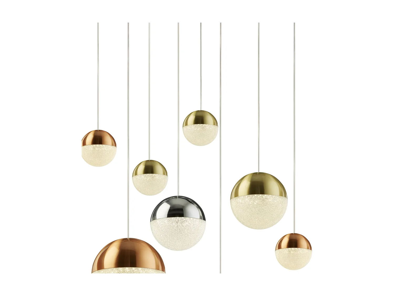 Searchlicht PLANETS - 9 Lichtdeckenanhänger, Kupfer, Chrom, Messingkappen aus Satin und Kristallsand