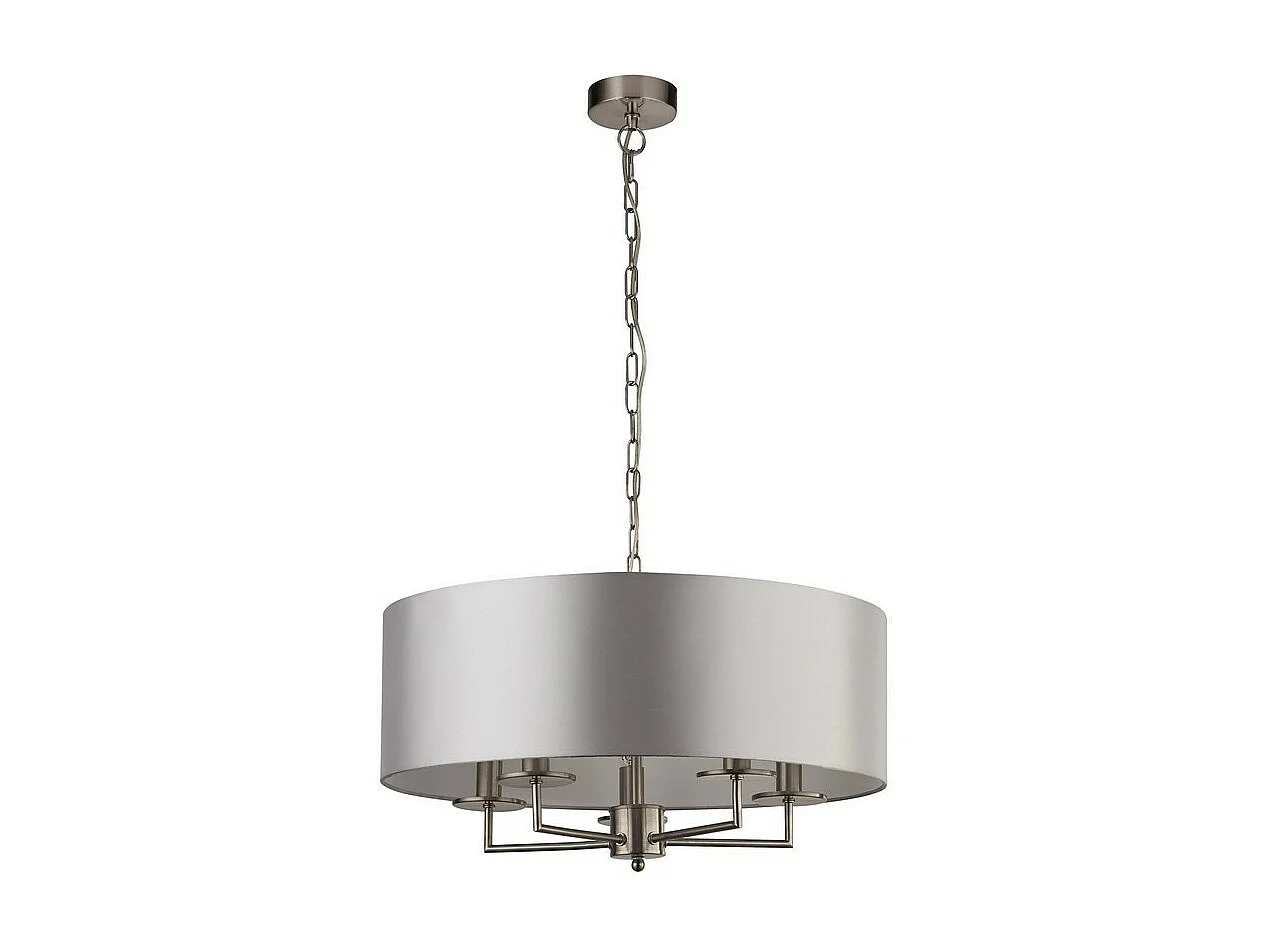 Searchlight KNIGHTSBRIDGE Suspension de plafond en argent satiné à 5 ampoules avec abat-jour en soie artificielle argentée