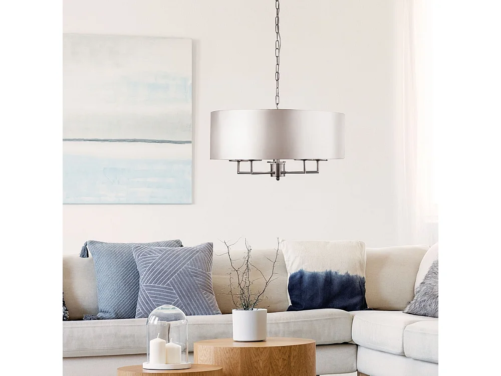 Searchlight KNIGHTSBRIDGE Suspension de plafond en argent satiné à 5 ampoules avec abat-jour en soie artificielle argentée