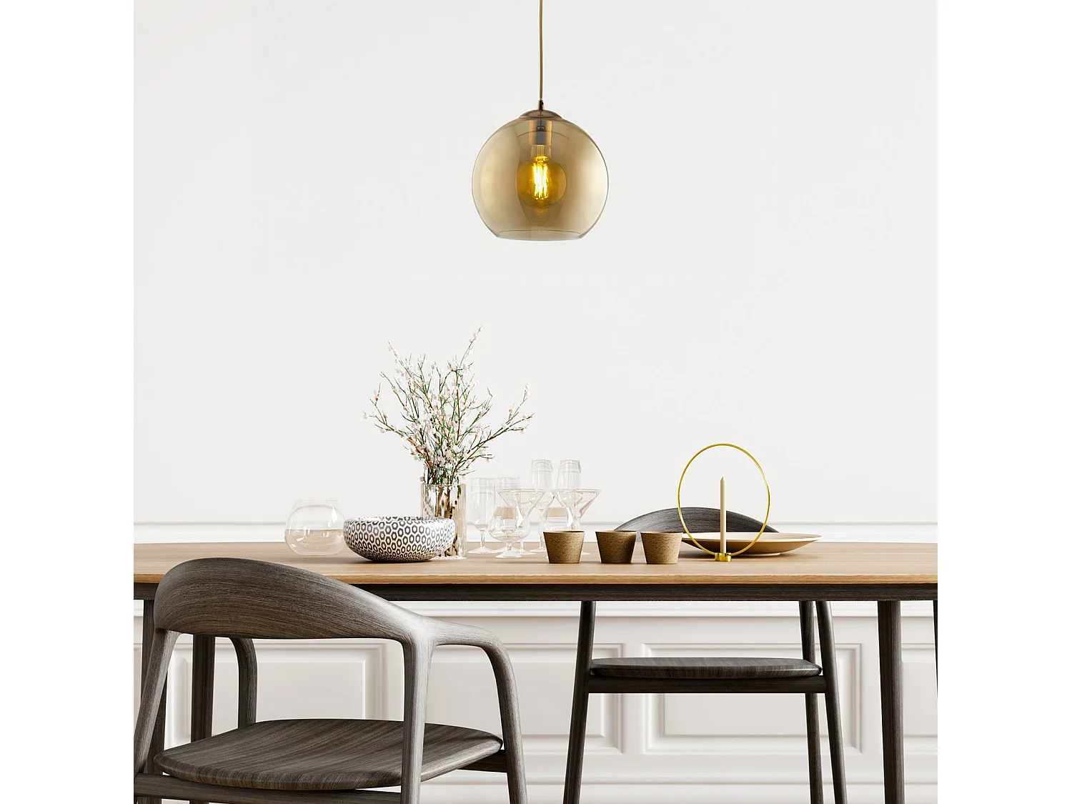 Sospensione Contemporanea Balls Acciaio Adjustable Vetro Ambra 1 Luce E27 D30Cm
