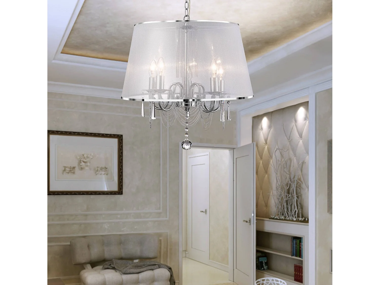 Searchlight Venetian 5 Ljus Multi Arm Ceiling Pendel krom, kristaller med skrm, E14