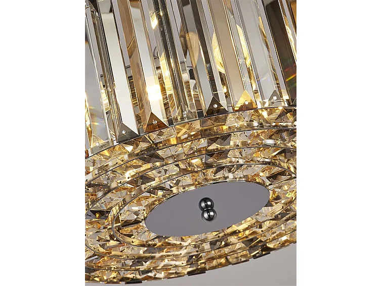 Searchlight Chapeau Suspension chromée à 5 ampoules / Cristaux de verre semi-affleurants, ambre, fumée et transparent