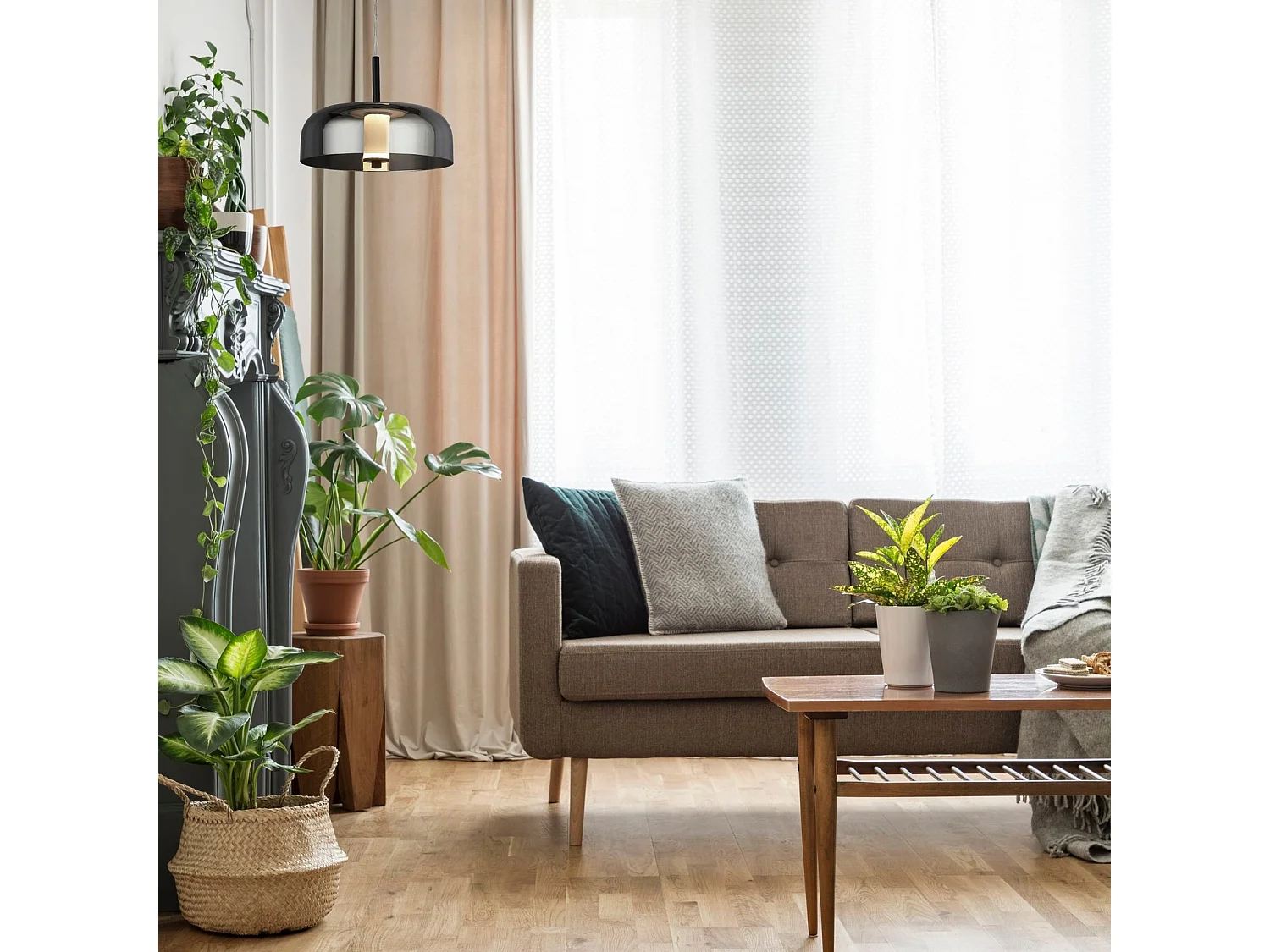 Searchlight Frisbee 1 Luce Led a Sospensione, Nero Opaco Con Vetro Fumè