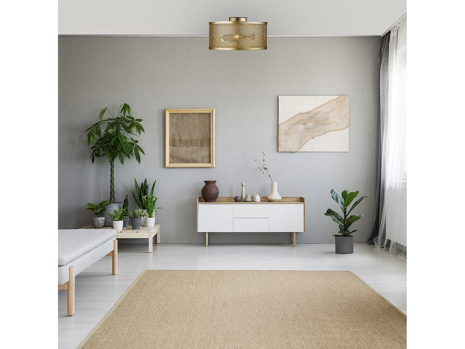 Searchlicht Fishnet - 3 licht Flush Deckenleuchte Mesh Matt Gold, E27