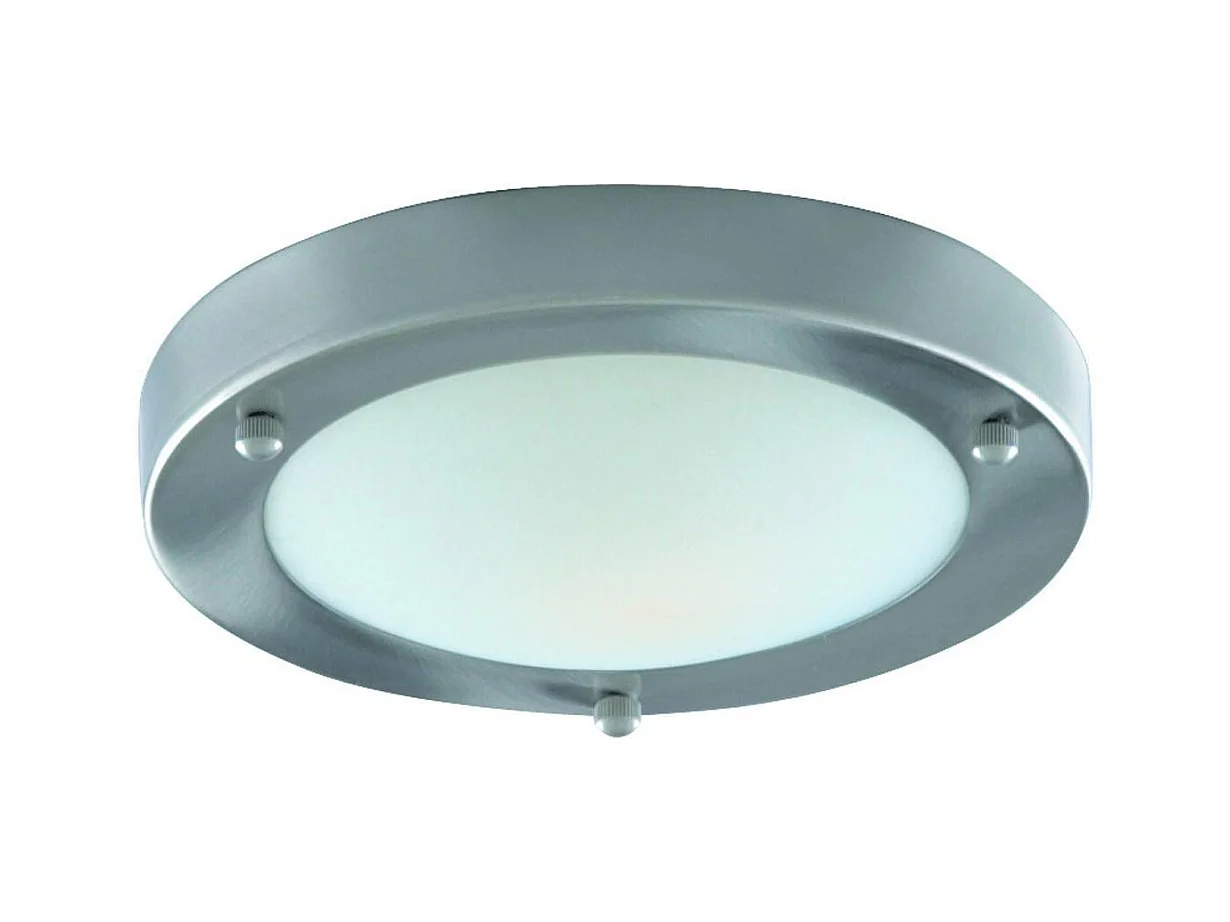 Searchlight Bathroom Flush - Plafoniera a filo con 1 luce per bagno argento satinato rotonda con diffusore in vetro bombato IP44, E27