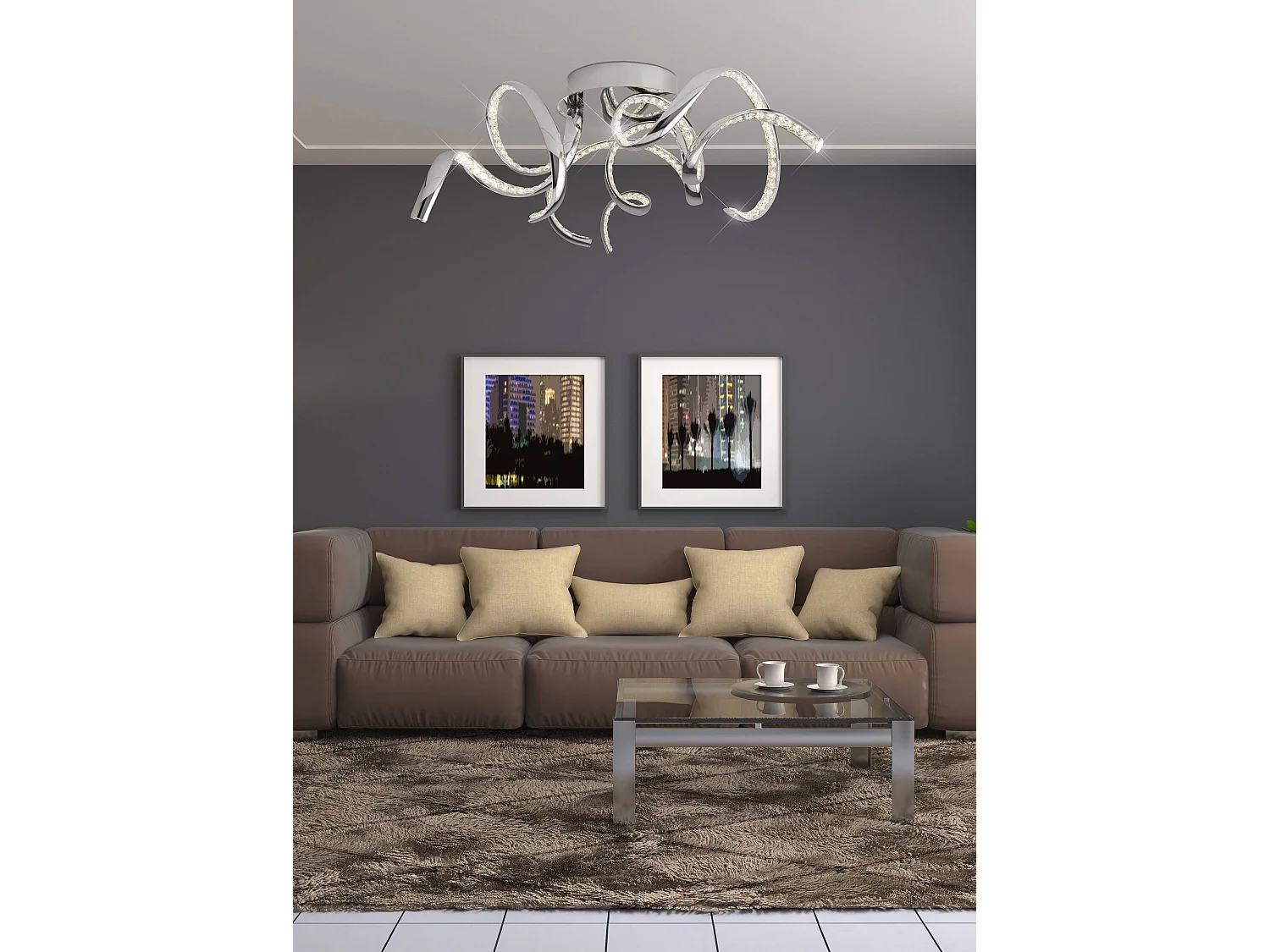 Searchlicht Twirls - Integrierte LED 3 licht Flush Deckenleuchte Chrom, Kristallglas