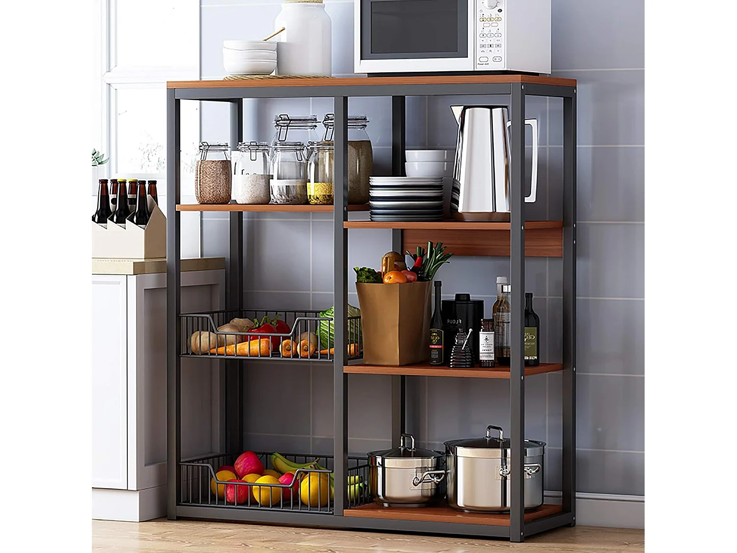 Meyvaser, Estante de Cocina, Mueble de Almacenamiento, para Horno microondas, con 2 cestas metálicas de Malla, 4 Niveles , 80 x 30 x 101 cm, Negro