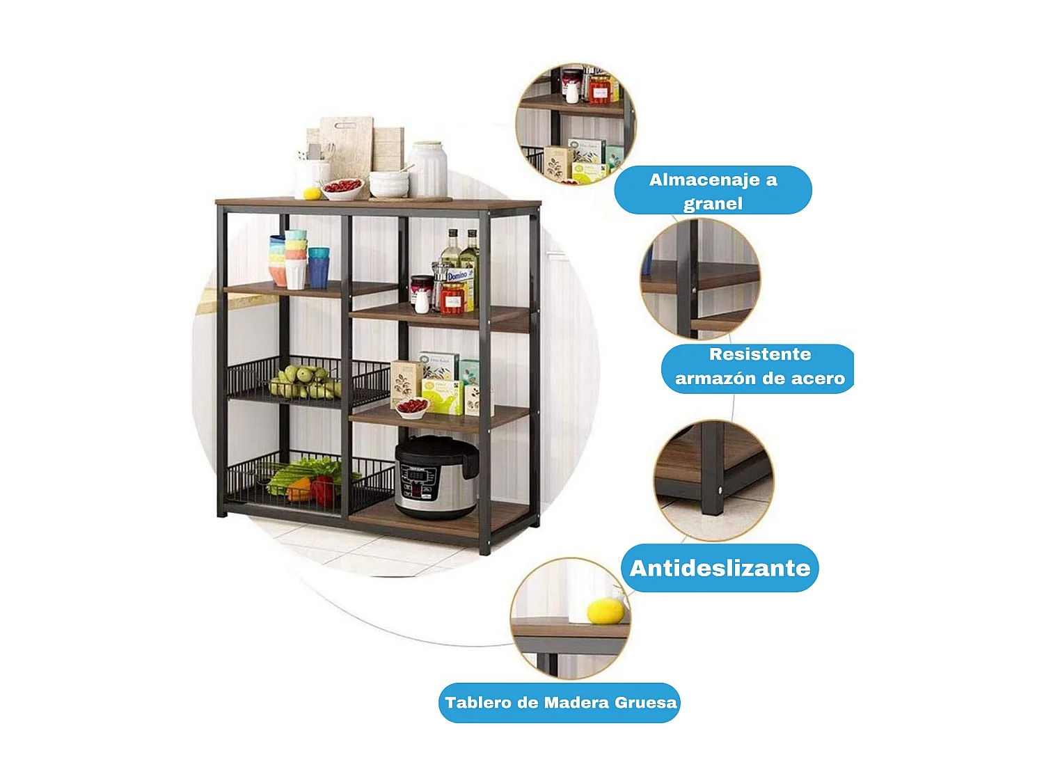 Meyvaser, Estante de Cocina, Mueble de Almacenamiento, para Horno microondas, con 2 cestas metálicas de Malla, 4 Niveles , 80 x 30 x 101 cm, Negro