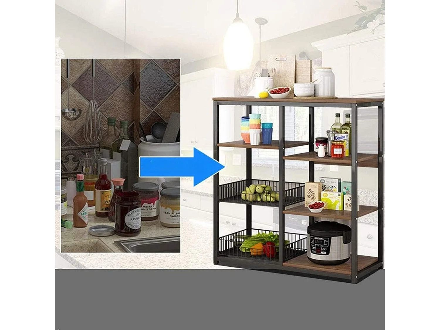 Meyvaser, Estante de Cocina, Mueble de Almacenamiento, para Horno microondas, con 2 cestas metálicas de Malla, 4 Niveles , 80 x 30 x 101 cm, Negro