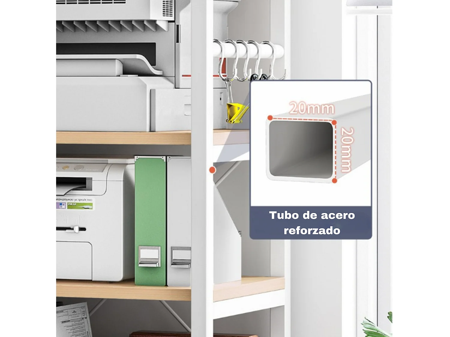 Carro de Almacenamiento con 5 Estantes y Soporte de Impresora de Gran Resistencia para Oficina Cocina Dormitorio 60x40x140 cm Blanco y Madera