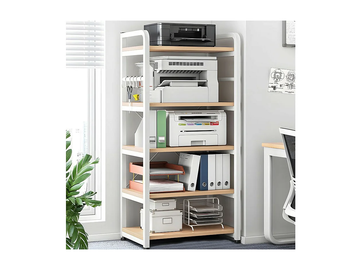 Carro de Almacenamiento con 5 Estantes y Soporte de Impresora de Gran Resistencia para Oficina Cocina Dormitorio 60x40x140 cm Blanco y Madera