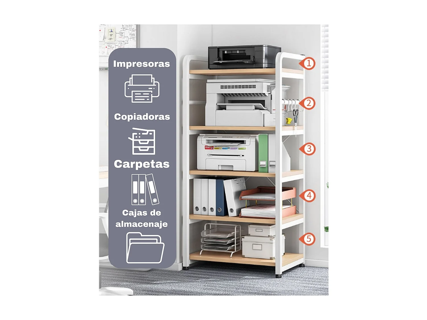 Carro de Almacenamiento con 5 Estantes y Soporte de Impresora de Gran Resistencia para Oficina Cocina Dormitorio 60x40x140 cm Blanco y Madera