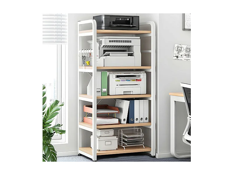 Carro de Almacenamiento con 5 Estantes y Soporte de Impresora de Gran Resistencia para Oficina Cocina Dormitorio 60x40x140 cm Blanco y Madera