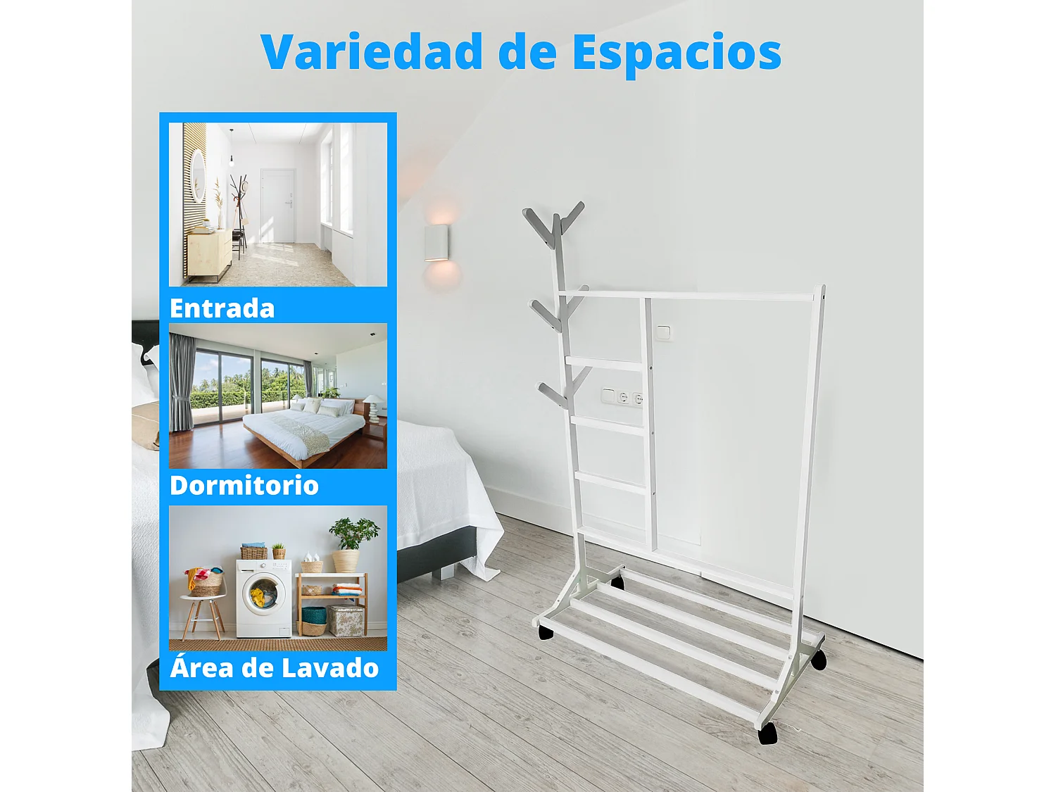 Meyvaser - Vestidor portatil, Perchero portátil con ruedas de 180x100x35 Cm y 6 Ganchos en madera color blanco.