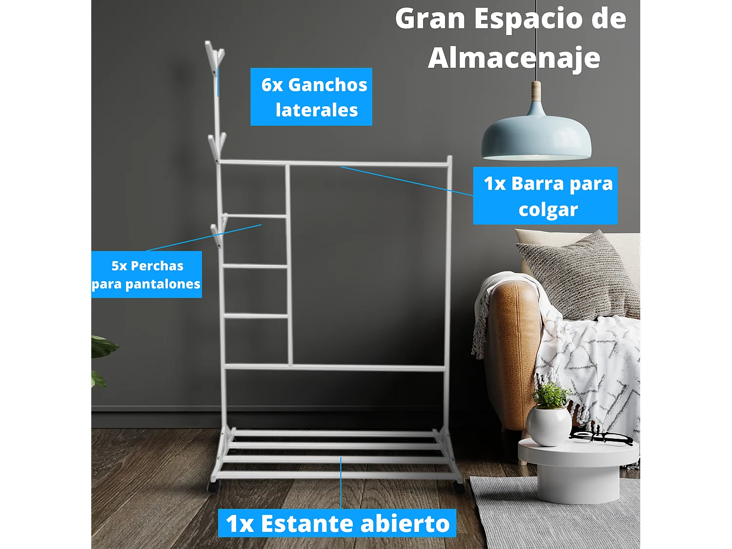 Meyvaser - Vestidor portatil, Perchero portátil con ruedas de 180x100x35 Cm y 6 Ganchos en madera color blanco.