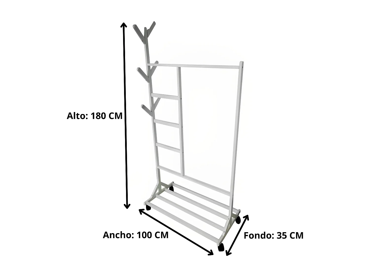 Meyvaser - Vestidor portatil, Perchero portátil con ruedas de 180x100x35 Cm y 6 Ganchos en madera color blanco.