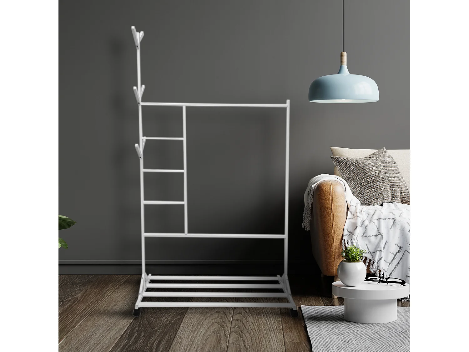 Meyvaser - Vestidor portatil, Perchero portátil con ruedas de 180x100x35 Cm y 6 Ganchos en madera color blanco.