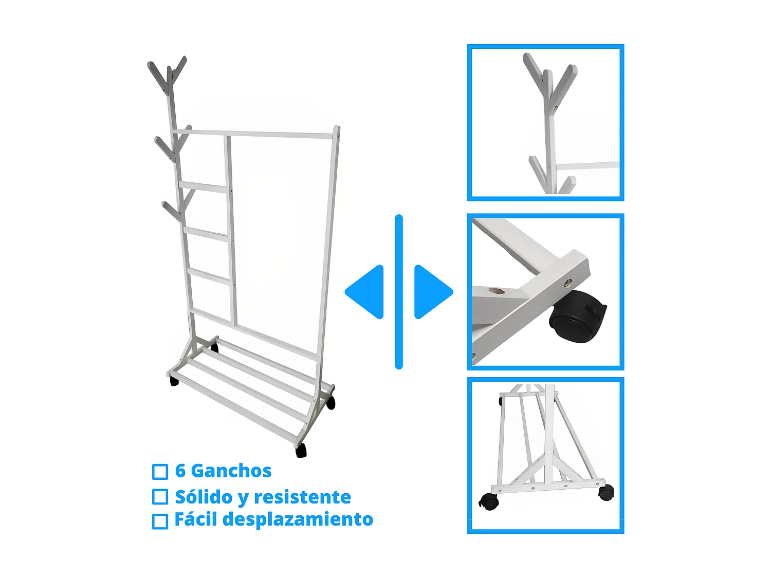 Meyvaser - Vestidor portatil, Perchero portátil con ruedas de 180x100x35 Cm y 6 Ganchos en madera color blanco.