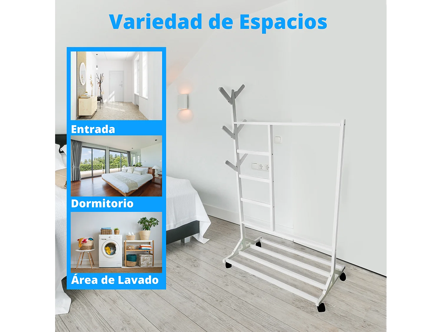 Meyvaser - Vestidor portatil, Perchero portátil con ruedas de 180x100x35 Cm y 6 Ganchos en madera color blanco.