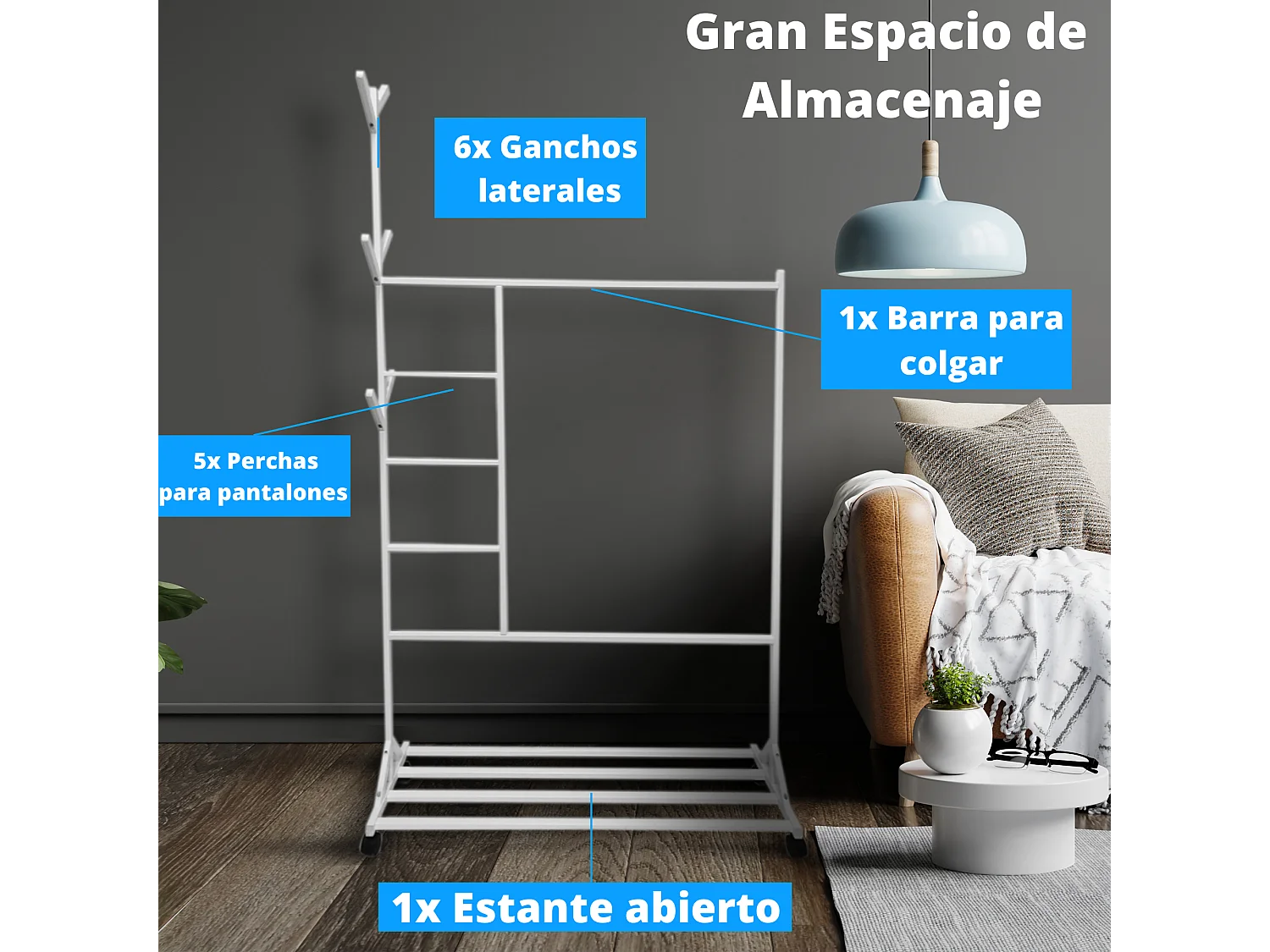 Meyvaser - Vestidor portatil, Perchero portátil con ruedas de 180x100x35 Cm y 6 Ganchos en madera color blanco.