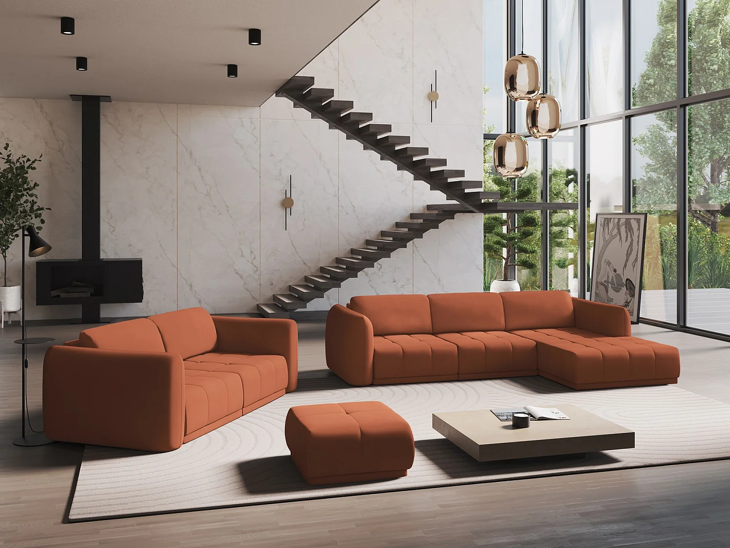 Vierzitsbank van terracotta chenille stof - HOKU