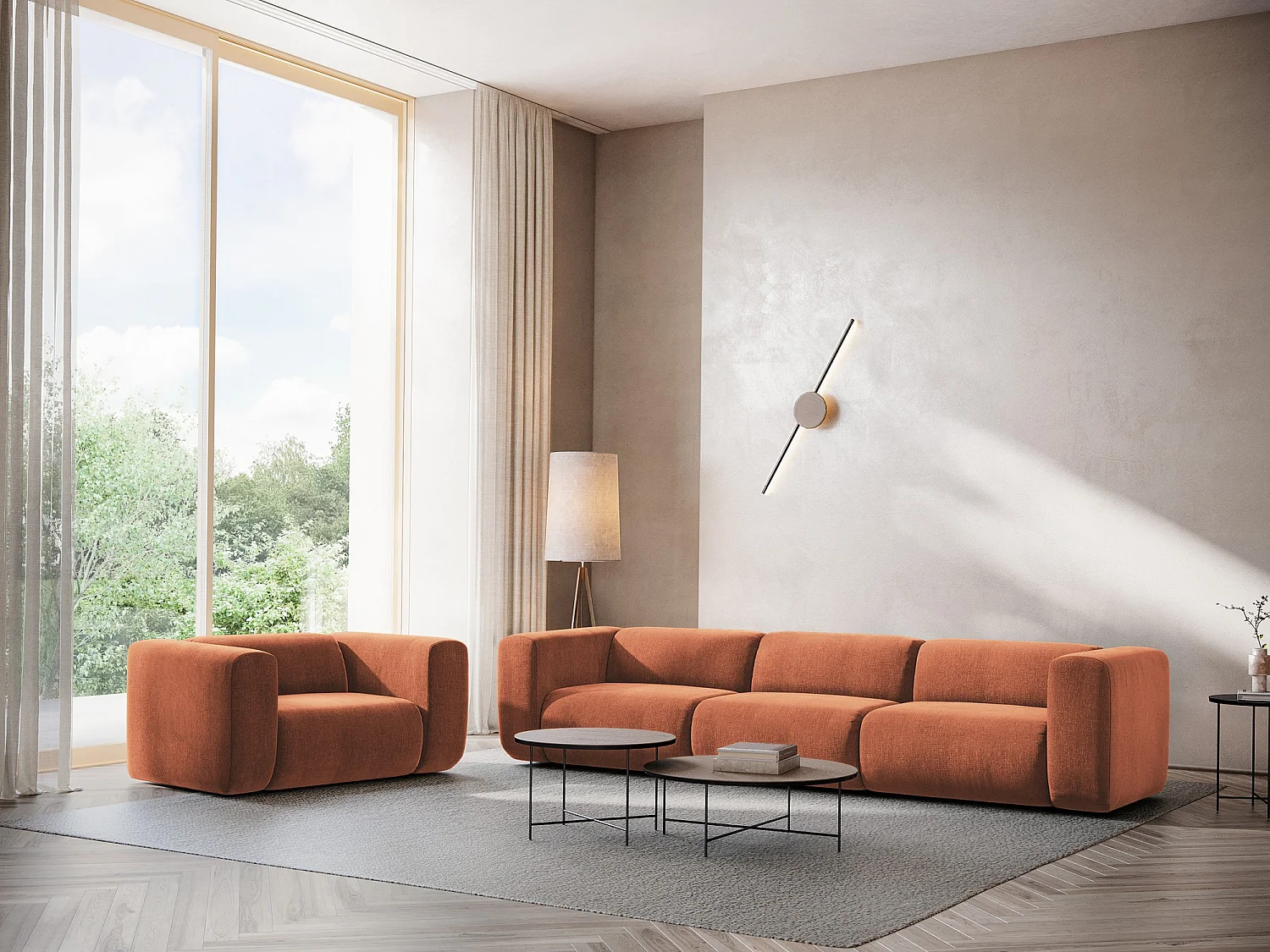 Vierzits modulaire bank van terracotta chenille stof - EKAHI