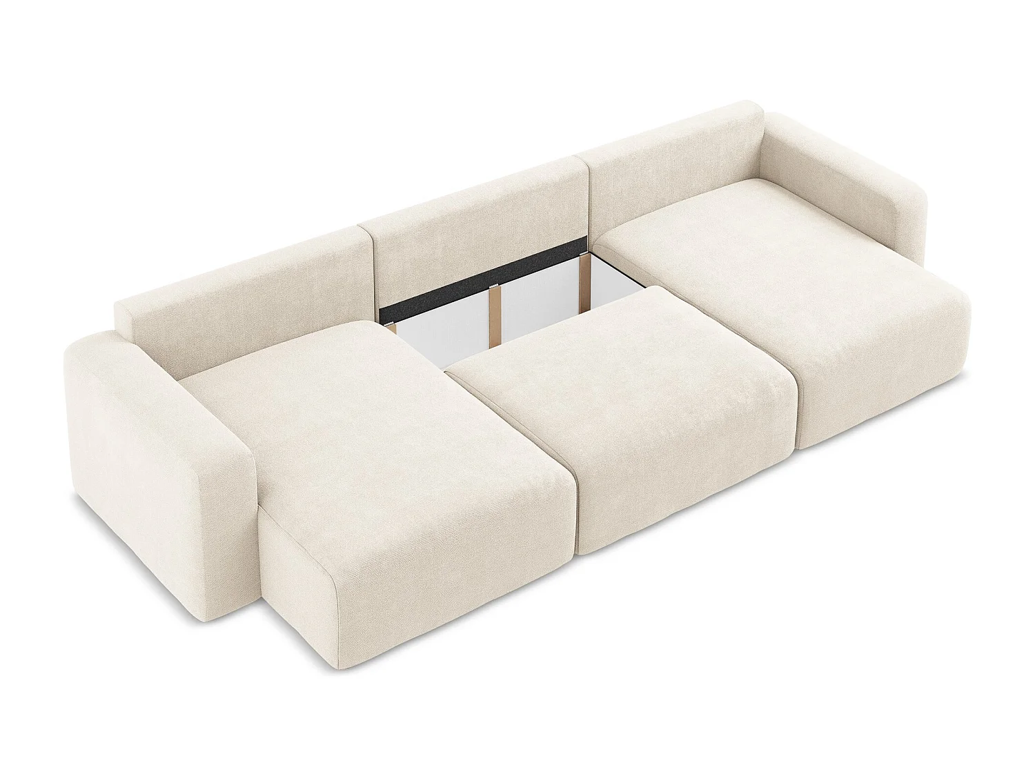 Panoramische bank met bedfunctie van lichtbeige chenille stof - KONA