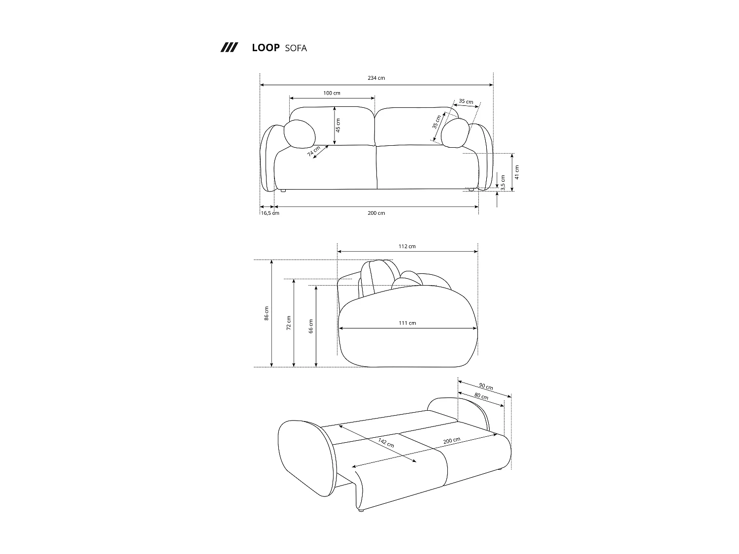Schlafsofa LOOP, modernes Design, Stauraum, skandinavischer Stil, 234x86x112 cm, Farbe: DUNKELGRAU