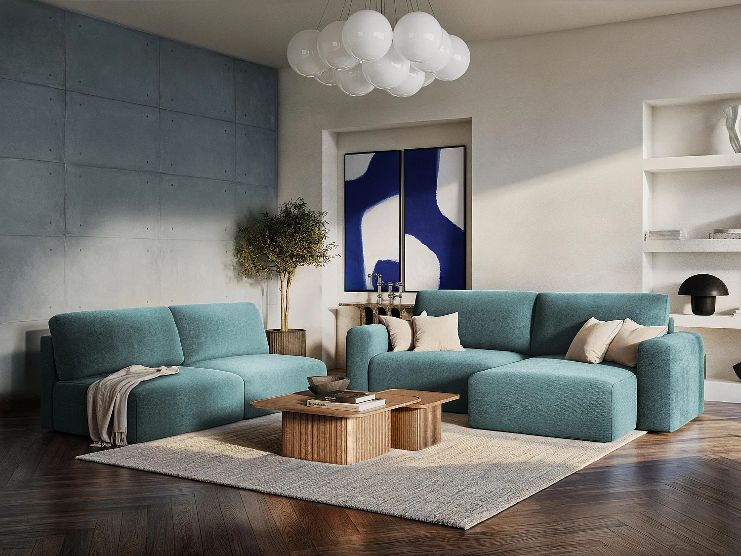 Open hoekbank links met bedfunctie van lichtbeige chenille stof - KONA