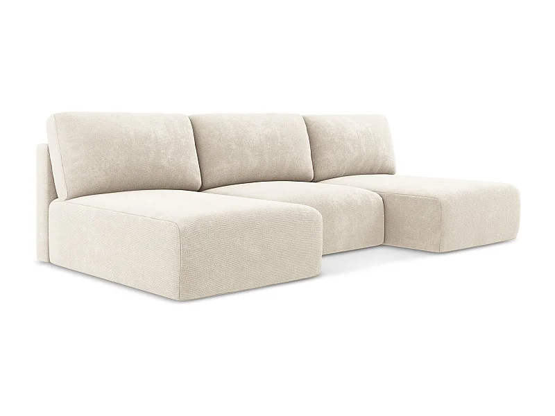 Panoramische open bank met bedfunctie van lichtbeige chenille stof - KONA