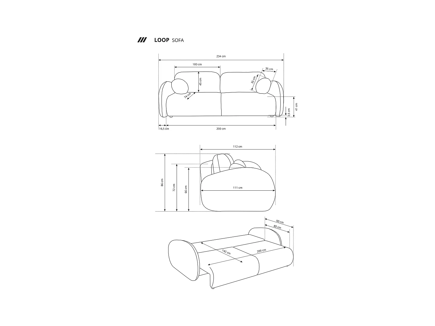 Schlafsofa LOOP, modernes Design, Stauraum, skandinavischer Stil, 234x86x112 cm, Farbe: CREME