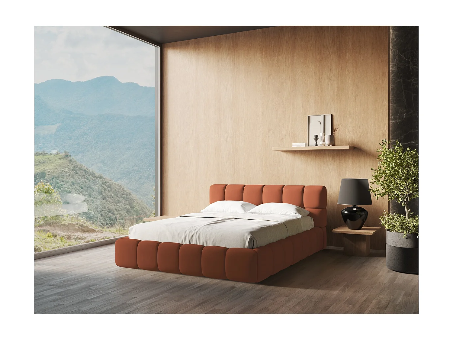 Lit rembourré avec rangement 200 x 228 - en Chenille - terre cuite - NALU