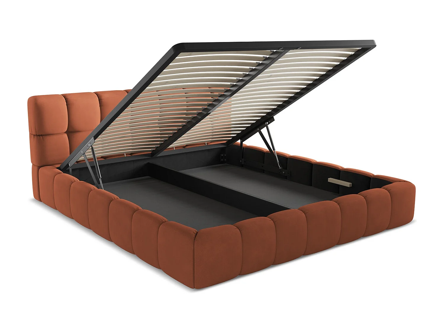 Lit rembourré avec rangement 200 x 228 - en Chenille - terre cuite - NALU