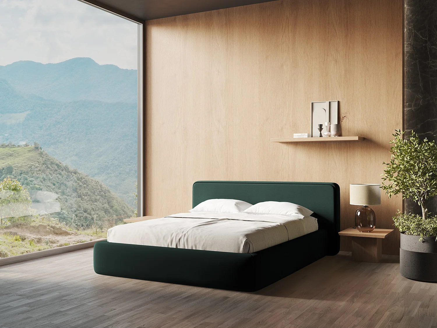 Lit rembourré avec rangement 220 x 225 - en Bouclé - bouteille verte - KIANA