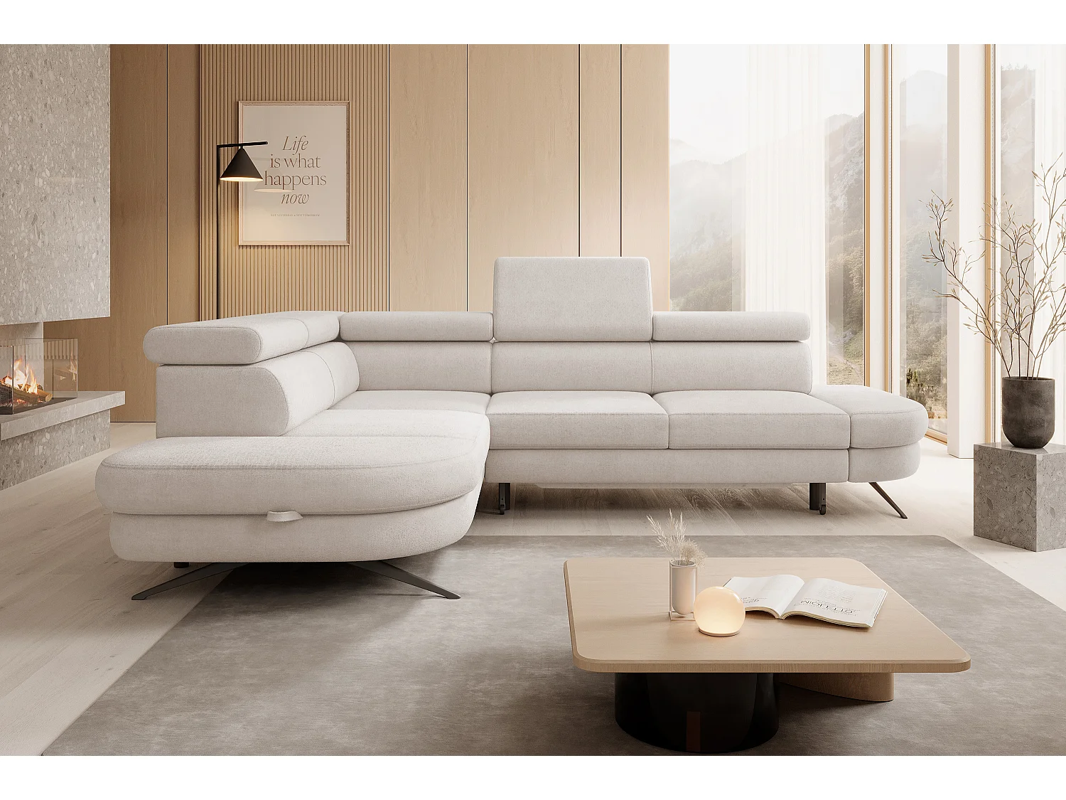 Ecksofa OTIS mit Schlaffunktion 131x207 cm, verstellbare Kopfstützen, AURORA links, 276x218x97 cm, Farbe Beige