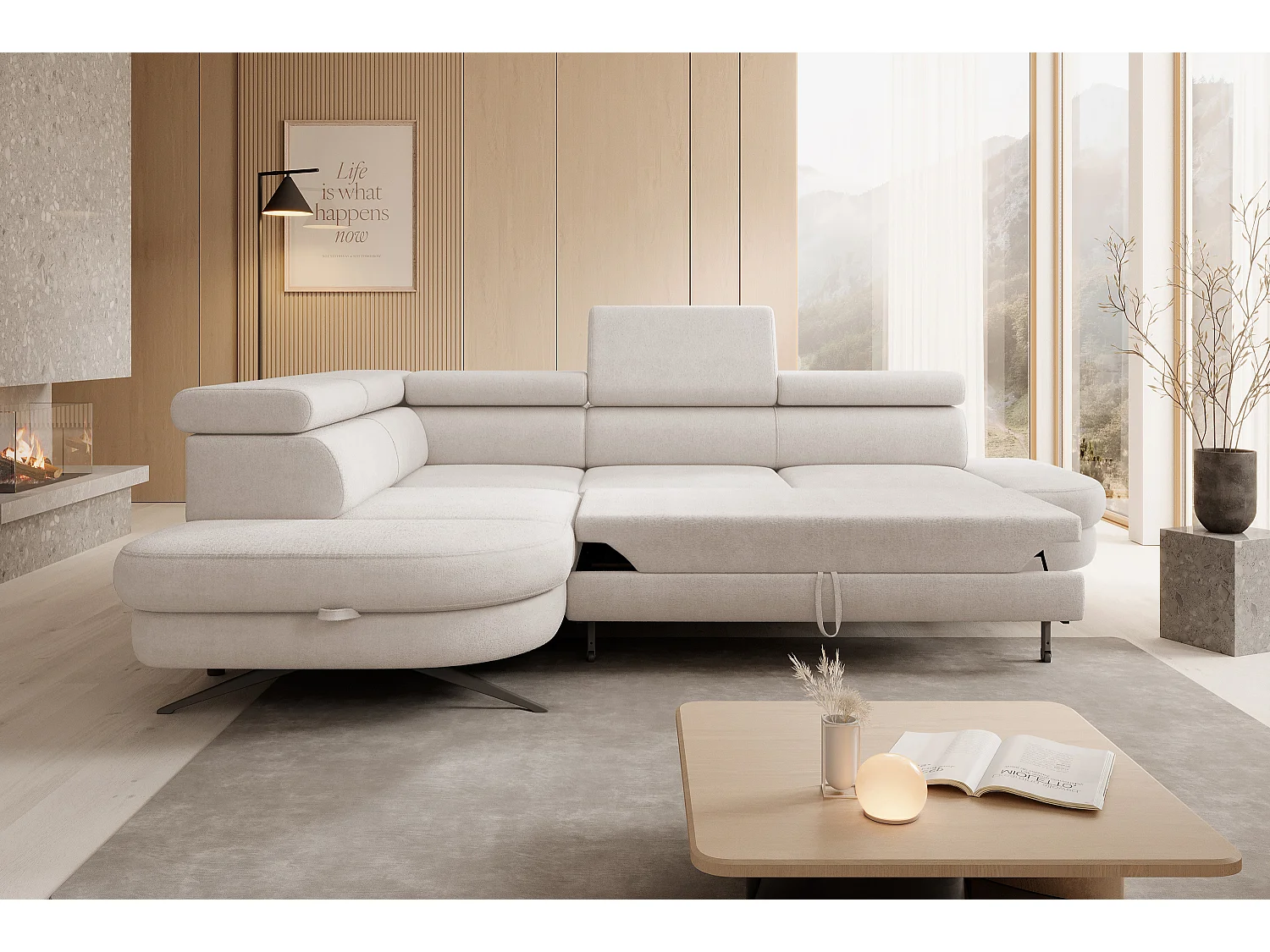 DomoHome canapé d'angle OTIS couchage tête réglable AURORA tissu gauche 131x207cm 276x218x97cm beige