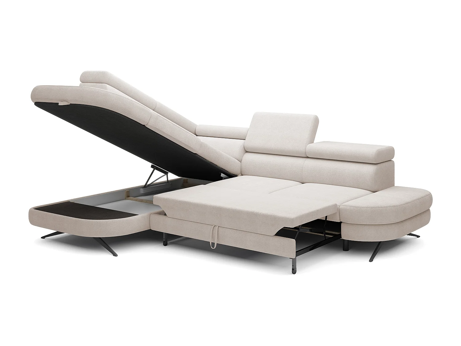 DomoHome canapé d'angle OTIS couchage tête réglable AURORA tissu gauche 131x207cm 276x218x97cm beige